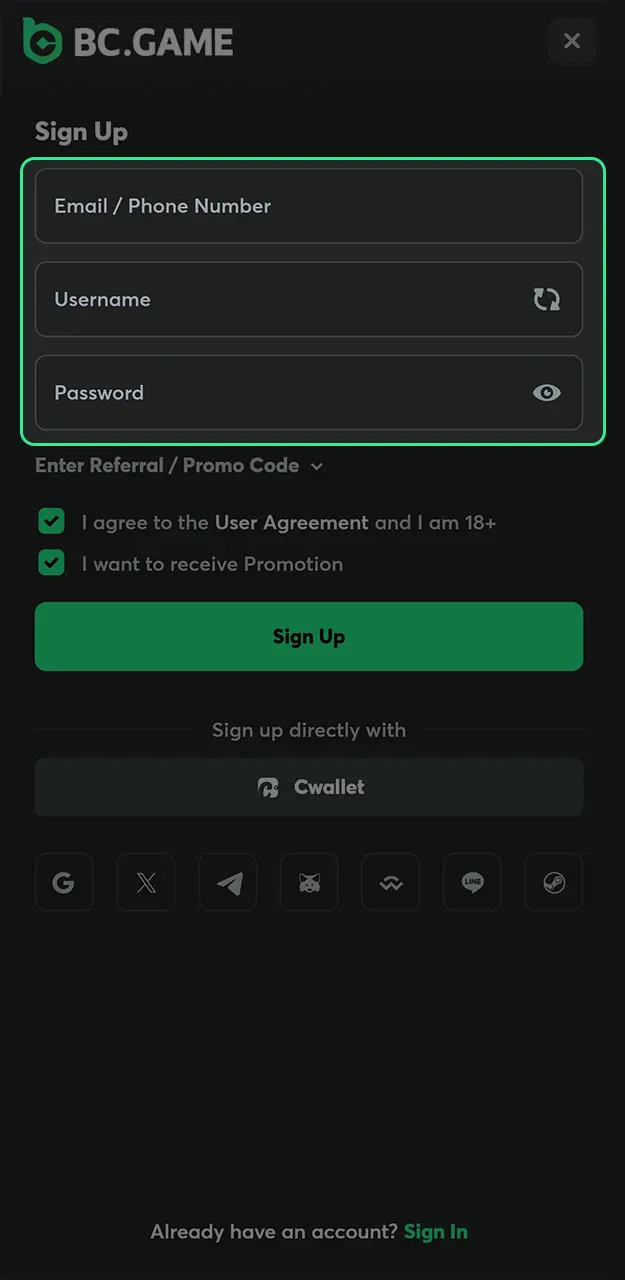 Enter your email address or phone number to register with BC Game to play Aviator.