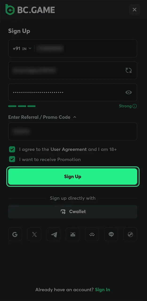 Complete registration or use social to instantly log in to BC Game.