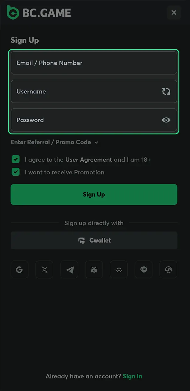 Fill in your email or mobile number to set up your personal Hash Game profile.