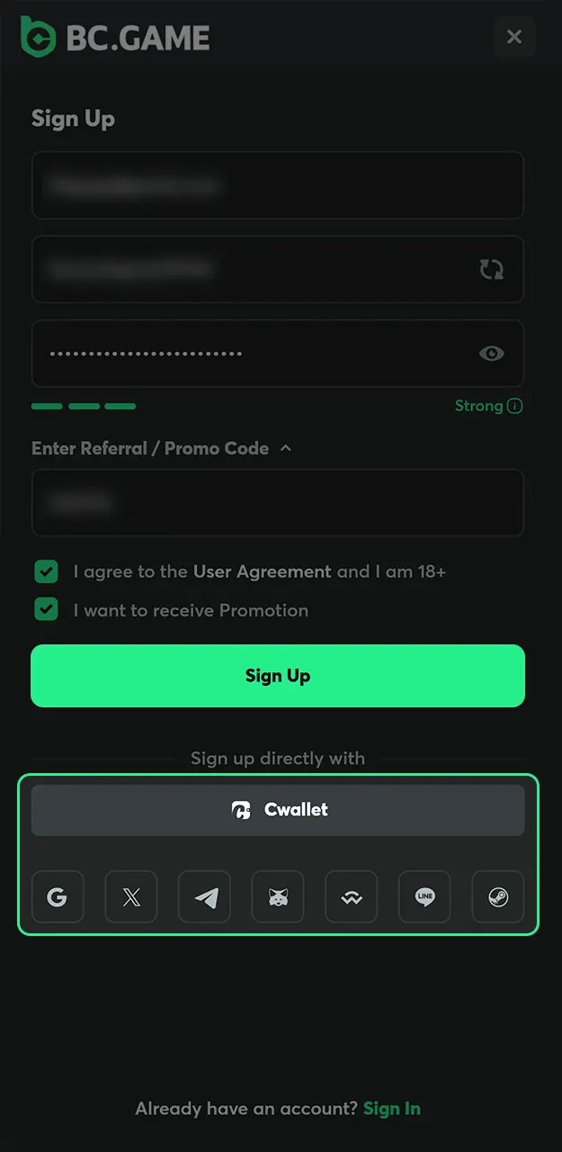 Complete your account setup or use your socials to log in to BC Game and play Limbo.